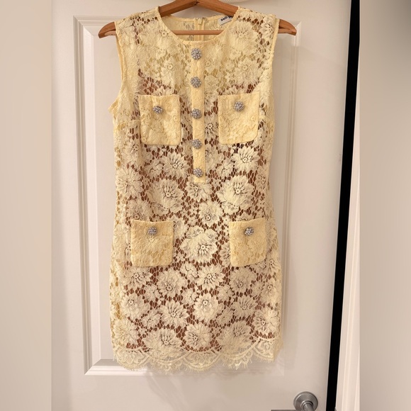 NWOT SELF-PORTRAIT YELLOW FINE LACE MINI DRESS - Picture 7 of 15